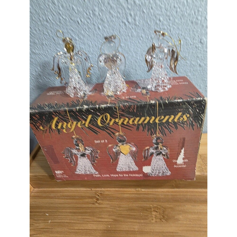 Vintage Giftco Set 3 Spun Glass Gold Angels Hanging Ornaments Faith Love Hope 3"